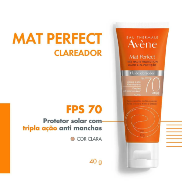 Protetor Solar Facial Avène Mat Perfect FPS 70 Fluido Clareador Claro 40g - Imagem 2