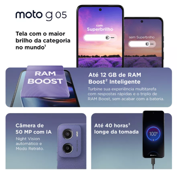Smartphone Motorola Moto g05 - 128GB 12GB (4GB RAM + 8GB Ram Boost) e Camera 50MP com AI Bateria de 5200 mAh Tela 6.7" com Superbrilho - Violeta - Imagem 3