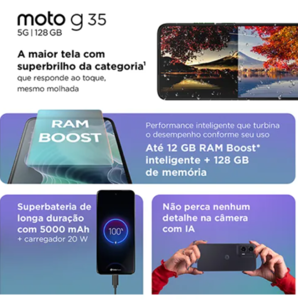 Smartphone Motorola Moto g35 5G - 128GB 12GB (4GB RAM+8GB Ram Boost) e Camera 50MP com AI NFC Tela 6.7" com Superbrilho - Verde - Vegan Leather - Imagem 3
